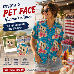 Teal Tropical Hibiscus & Mini US Flag Beach Shirt