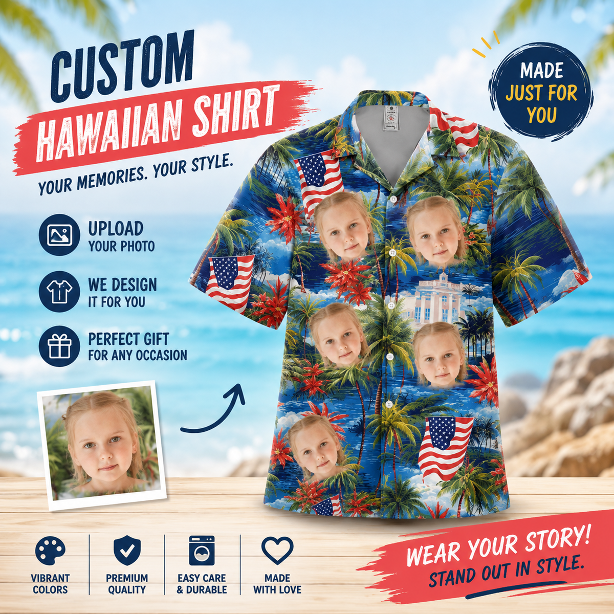 American Flag Palm Tree Coastal Landscape Hawaiian Shirt