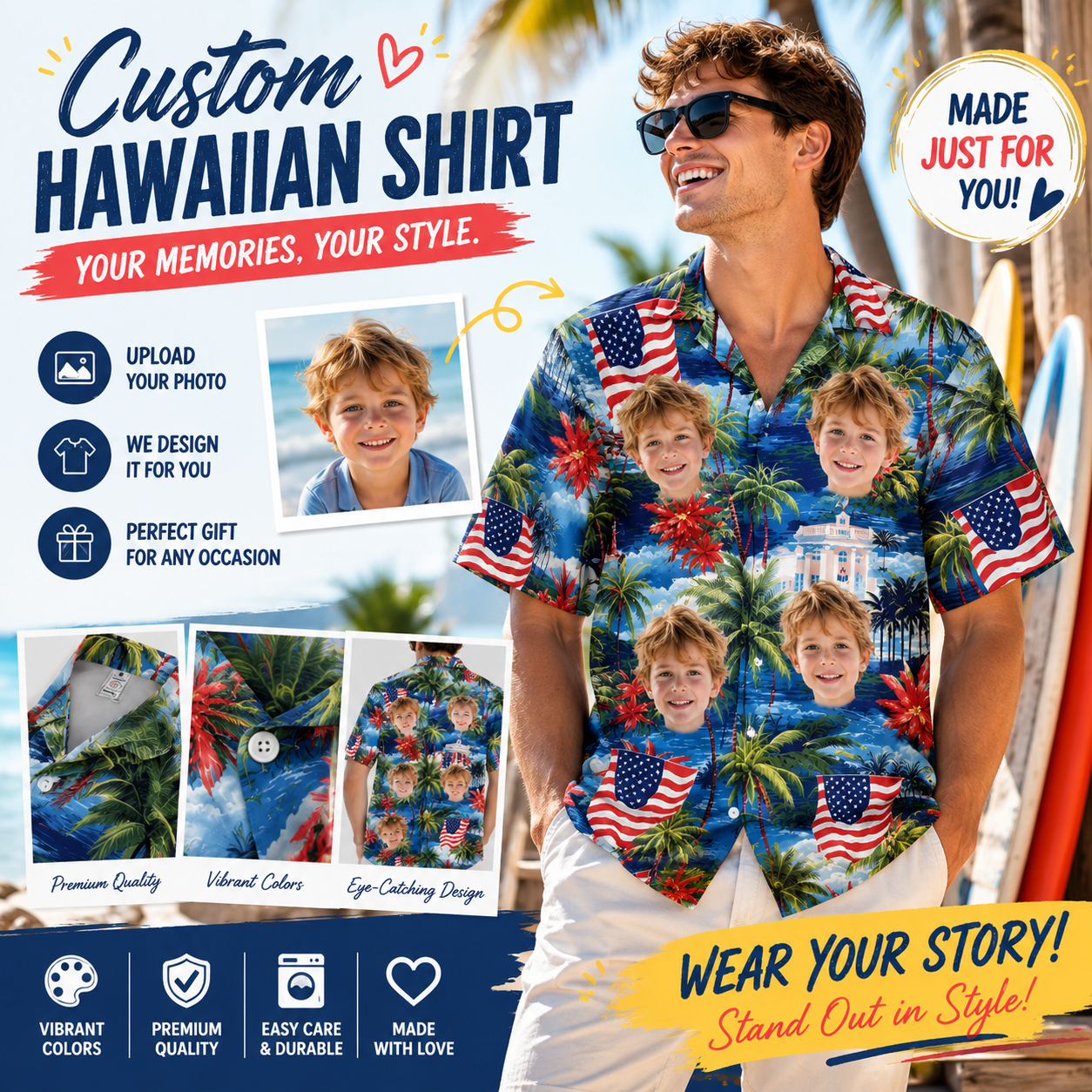 American Flag Palm Tree Coastal Landscape Hawaiian Shirt