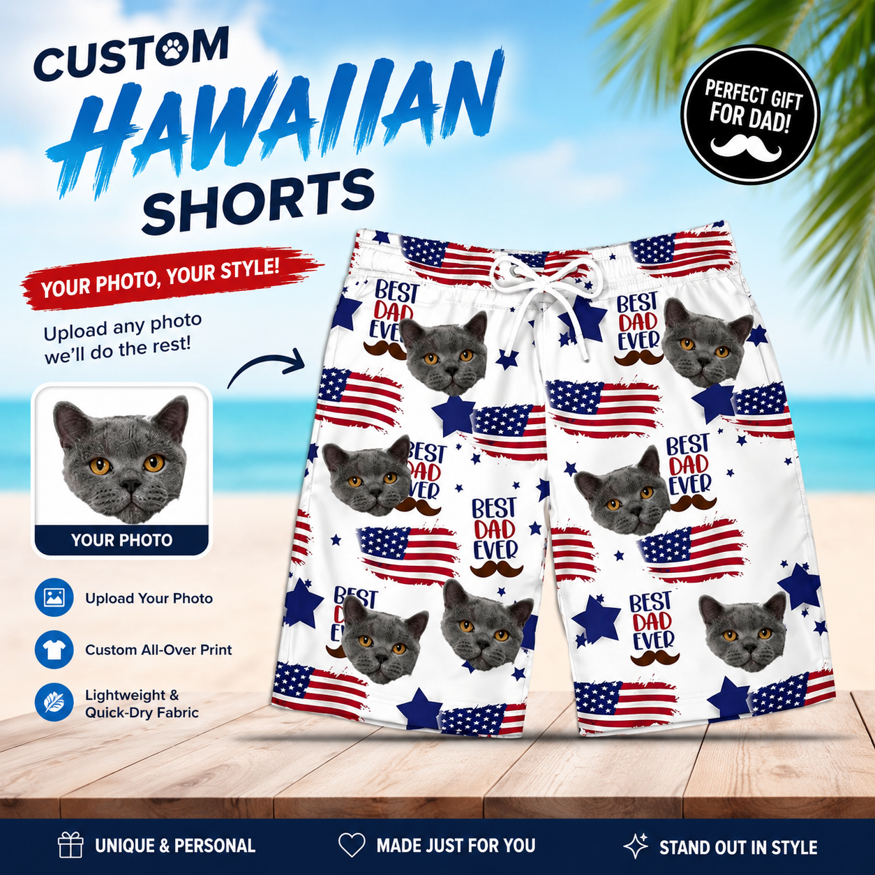 Best Dad Ever American Flag Star Patriotic Swim Trunks