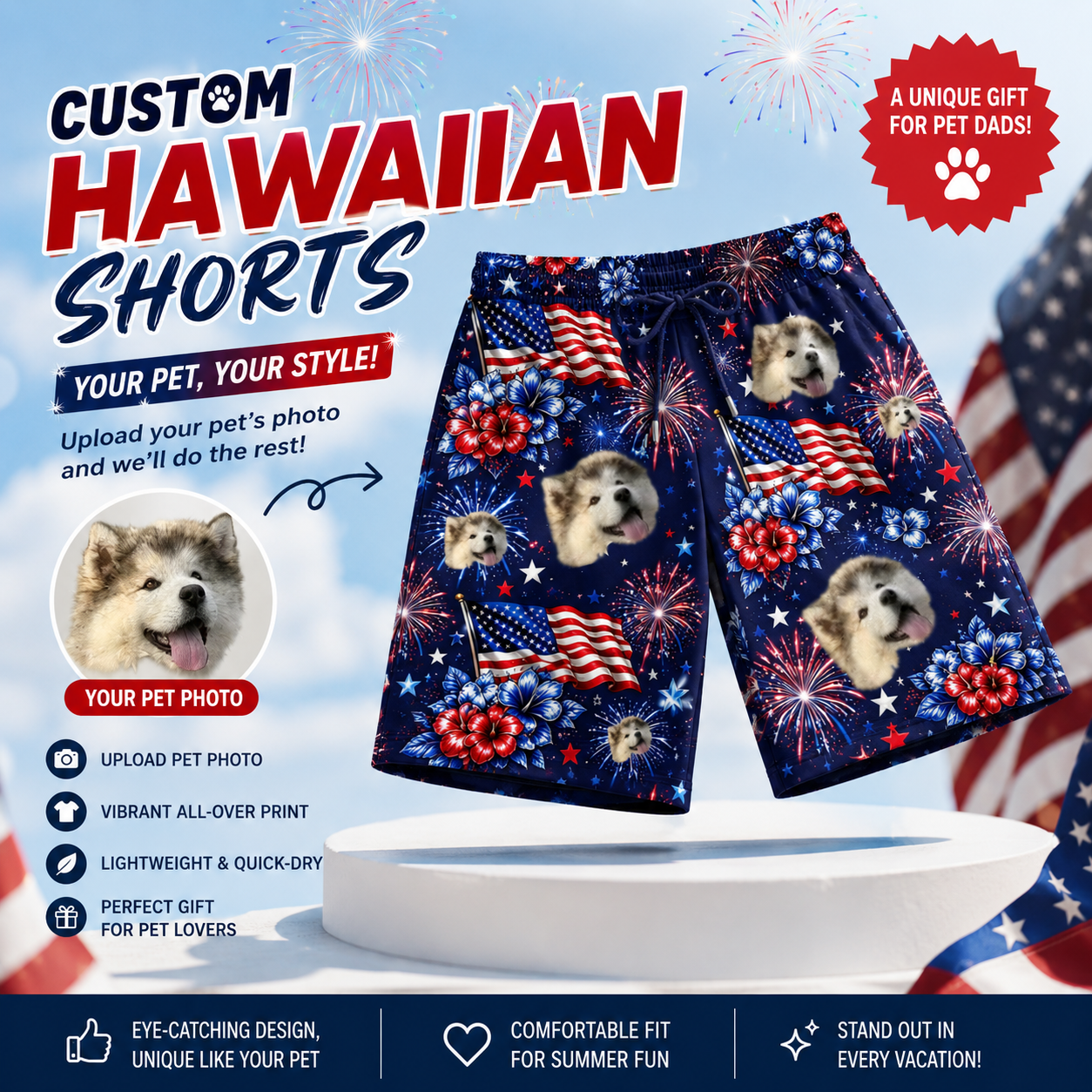 Retro Patriotic USA Flag Star Firework Men's Swim Trunks