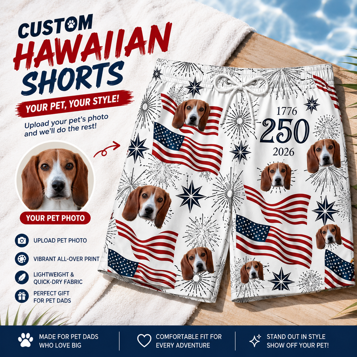 American Bicentennial 250 Years Firework Flag Board Shorts