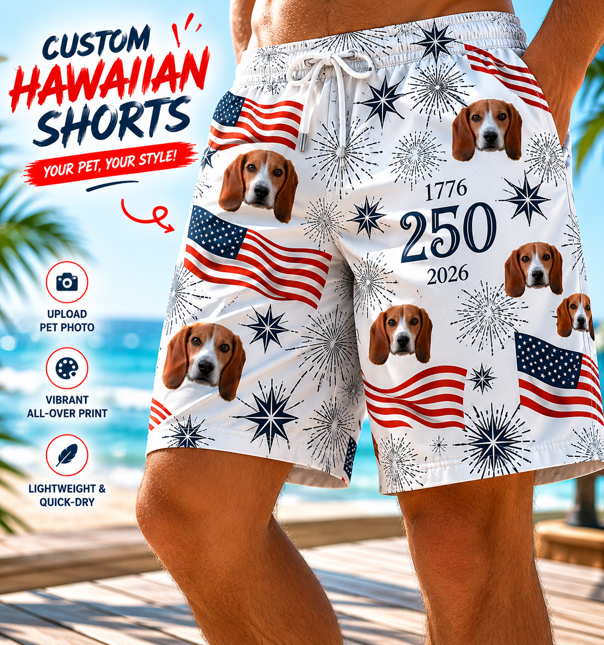 American Bicentennial 250 Years Firework Flag Board Shorts