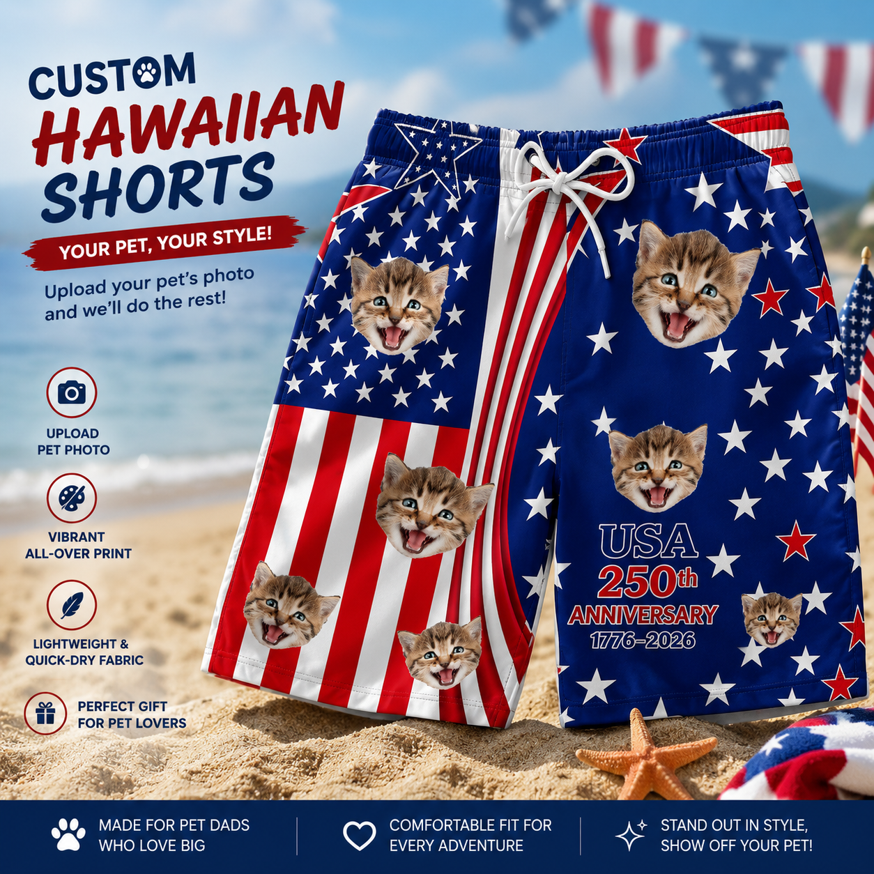 USA 250th Anniversary Split American Flag Board Shorts