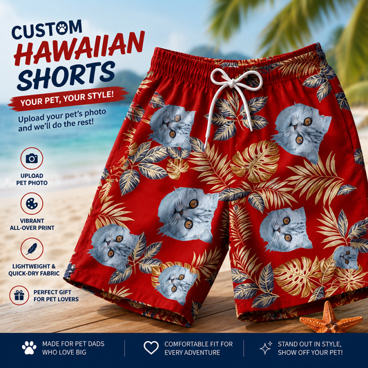 Red Background Tropical Monstera & Palm Leaf Aloha Swim Shorts