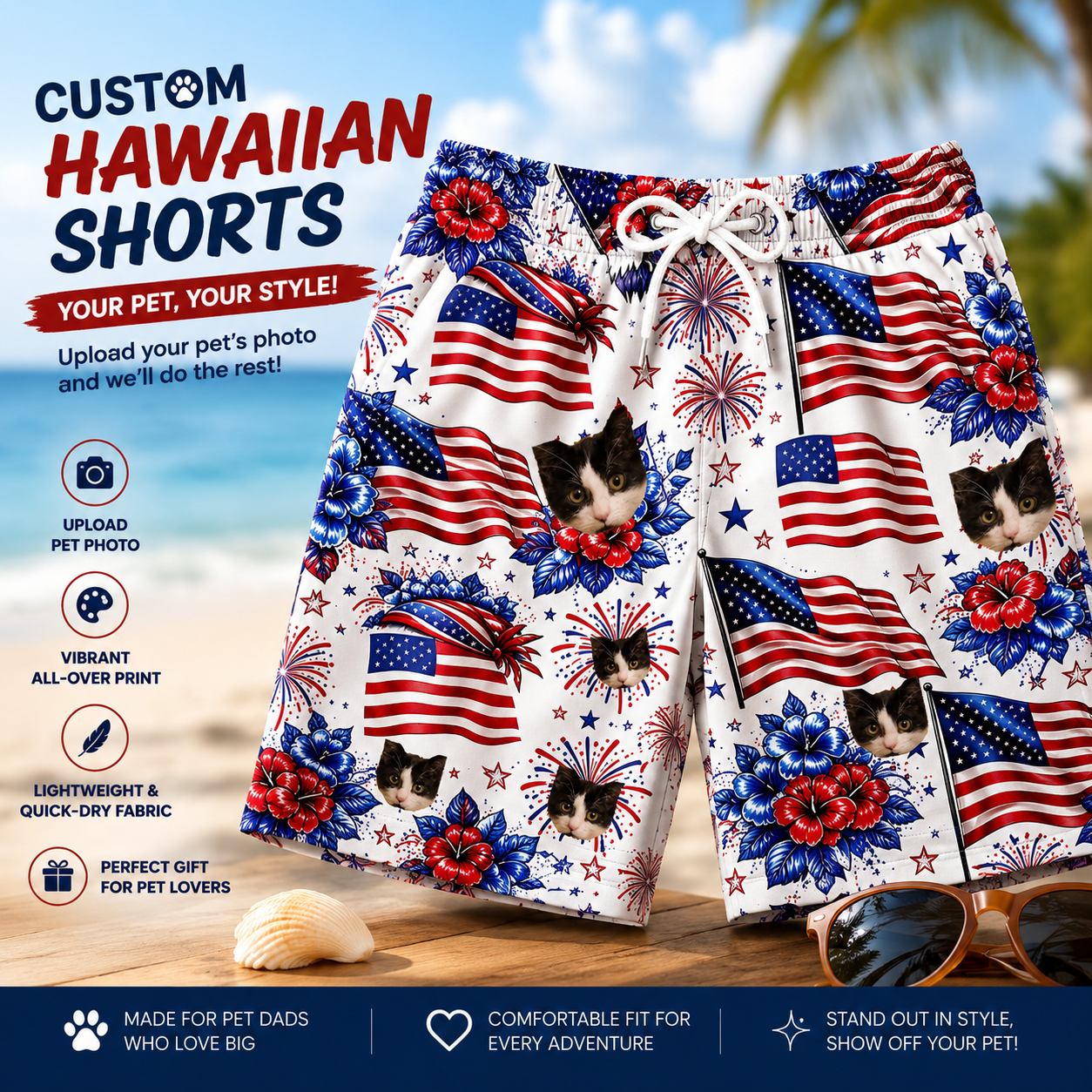 USA Flag Hibiscus Firework Hawaiian Print Men's Board Shorts