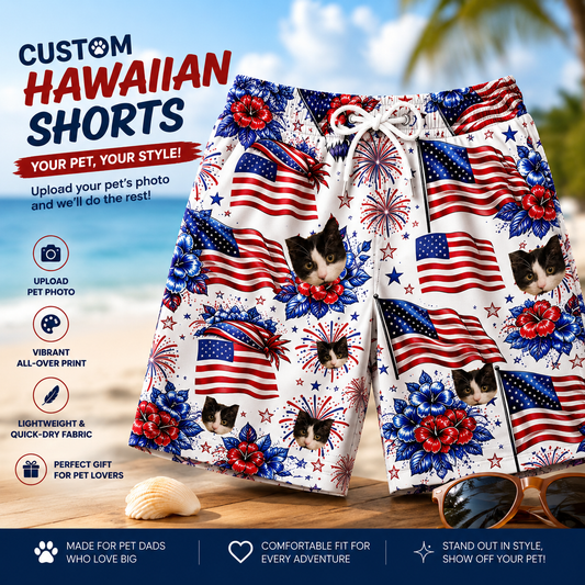 USA Flag Hibiscus Firework Hawaiian Print Men's Board Shorts