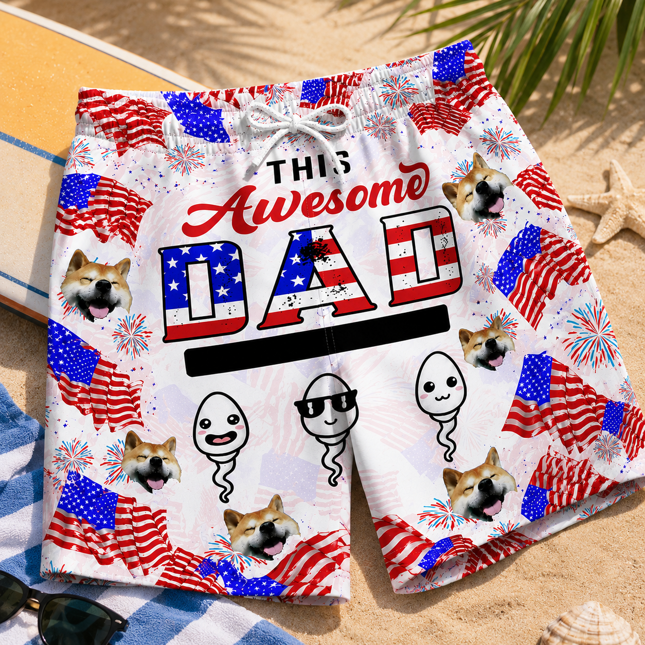 Customizable This Awesome Dad USA Flag Firework Swim Trunks