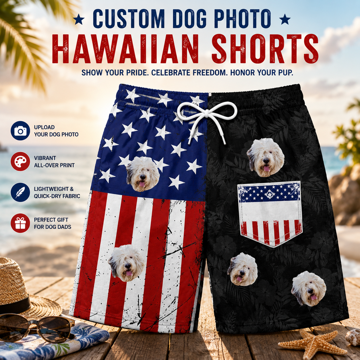 Split Design USA Flag & Black Tropical Leaf Men's Swim Trunks