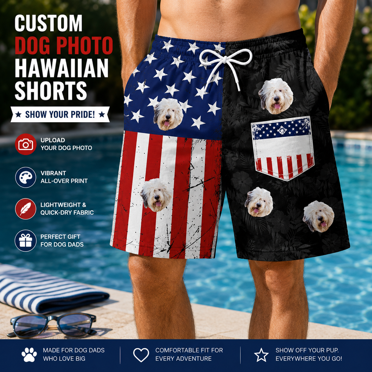 Split Design USA Flag & Black Tropical Leaf Men's Swim Trunks
