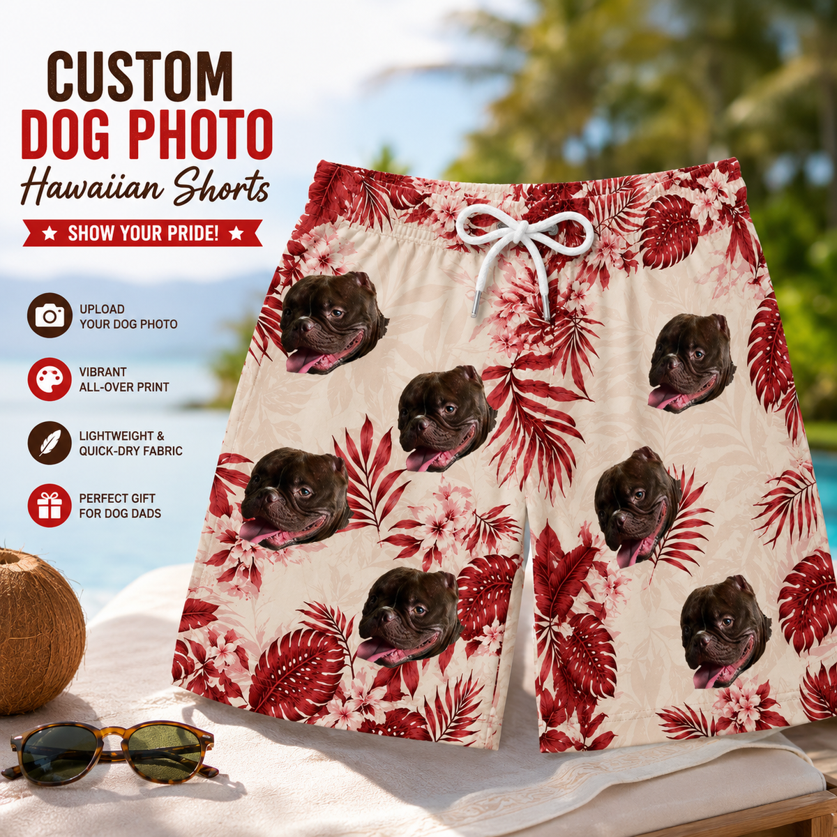 Red Tropical Leaves Hibiscus Floral Aloha Swim Trunks