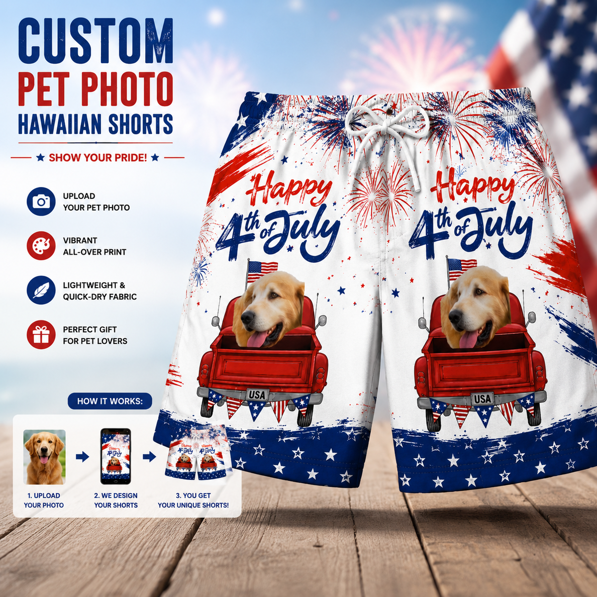 Happy 4th of July Vintage Red Truck Firework Swim Shorts