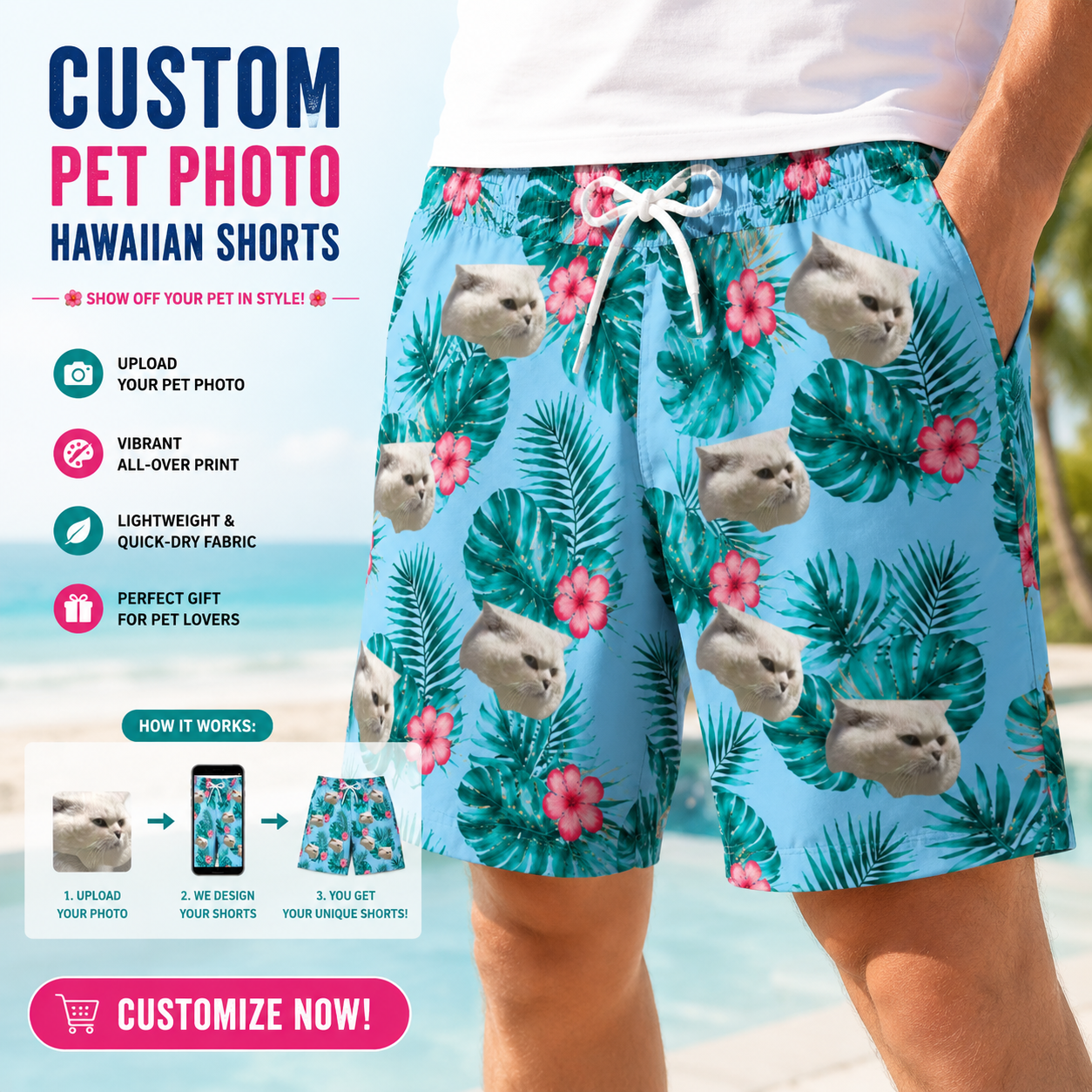 Light Blue Tropical Monstera Hibiscus Summer Board Shorts