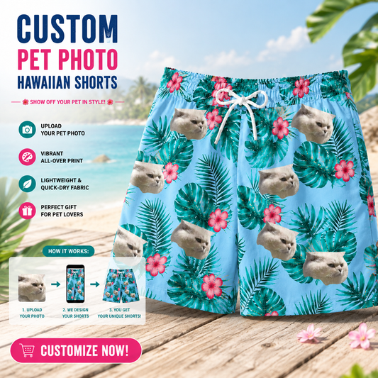 Light Blue Tropical Monstera Hibiscus Summer Board Shorts