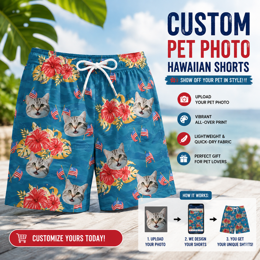 Teal Tropical Hibiscus & Mini US Flag Beach Shorts