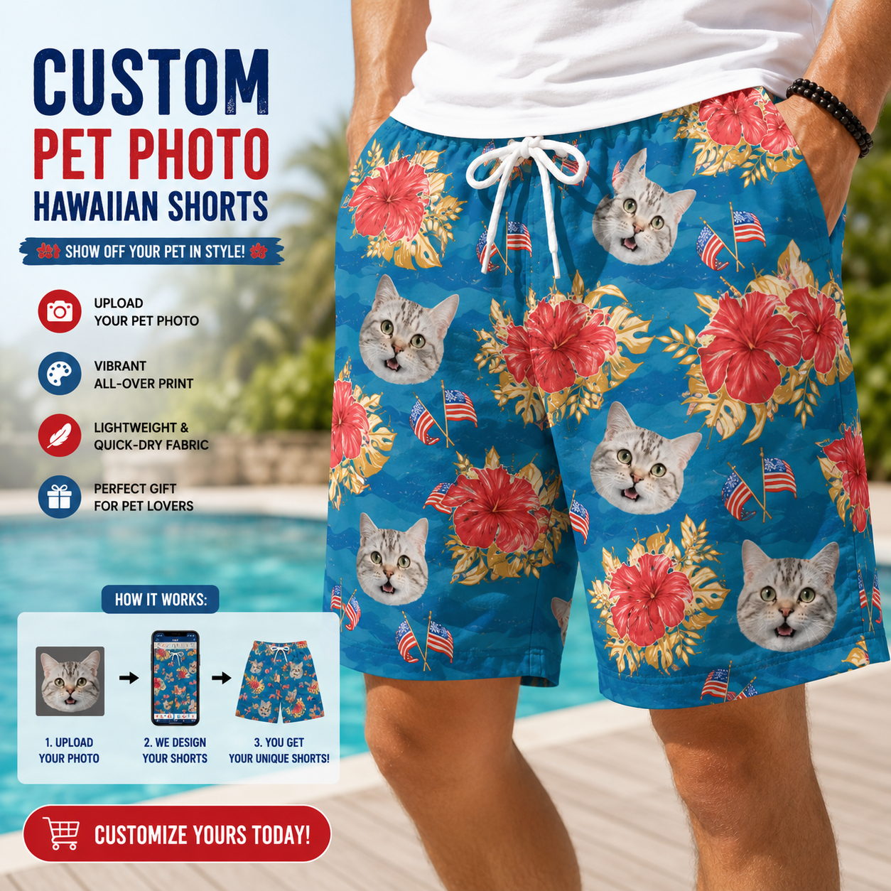 Teal Tropical Hibiscus & Mini US Flag Beach Shorts
