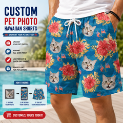 Teal Tropical Hibiscus & Mini US Flag Beach Shorts