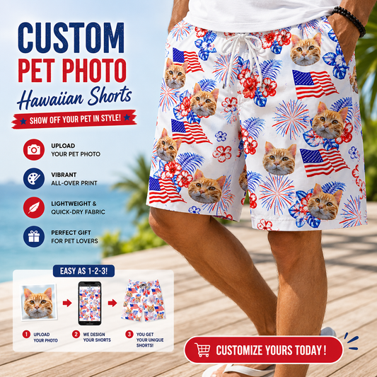 4th of July Firework Hibiscus American Flag Swim Shorts
