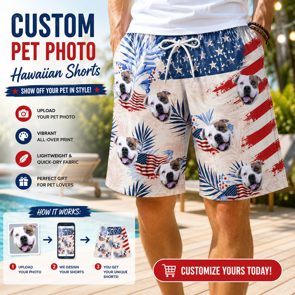 USA Star Stripe Tropical Floral Patriotic Board Shorts