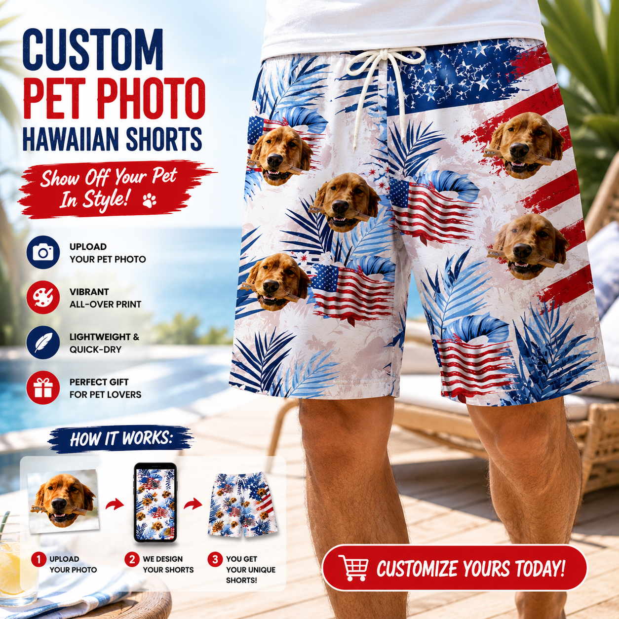 Vintage American Flag Tropical Palm Leaf Men's Swim Trunks
