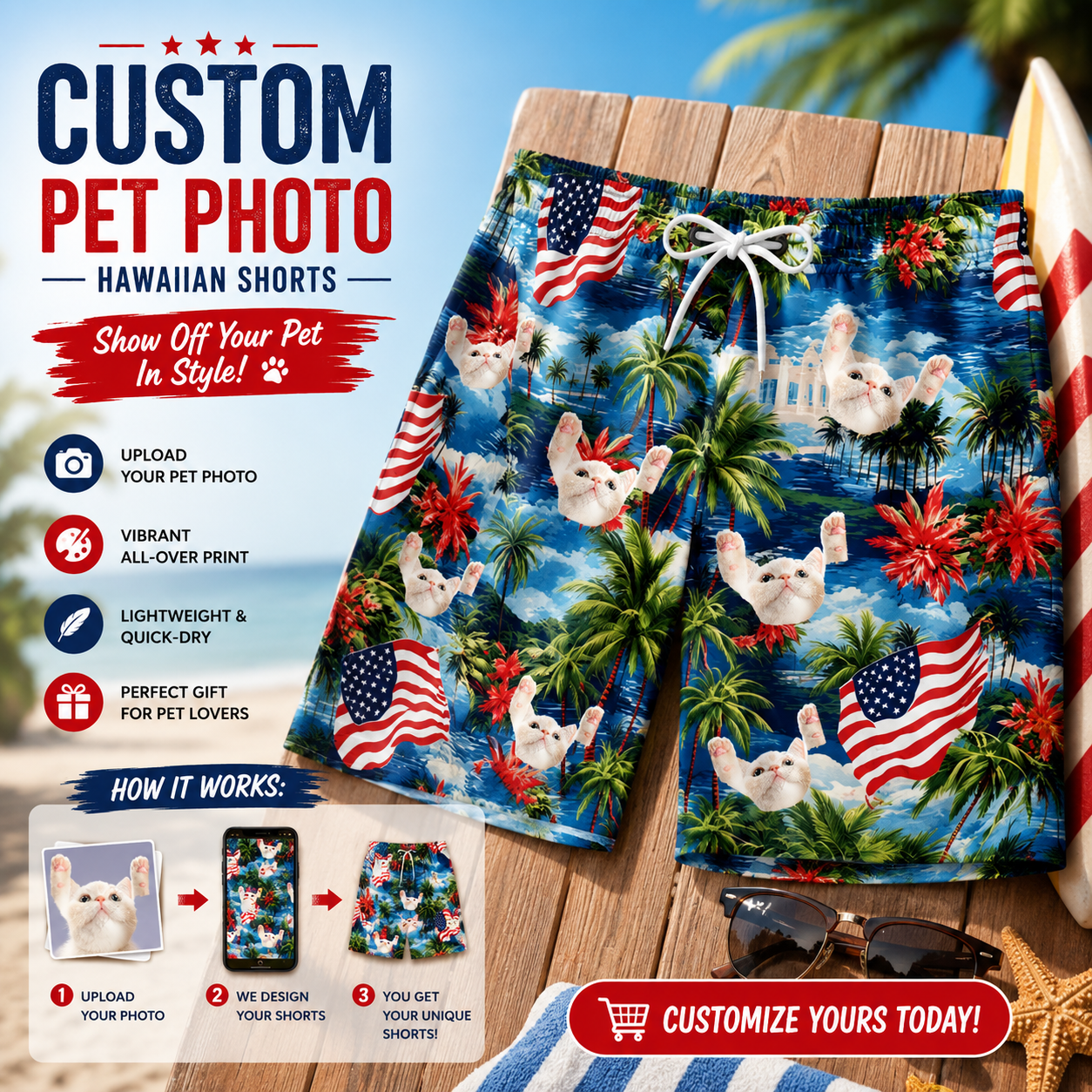 American Flag Palm Tree Coastal Hawaiian Swim Trunks