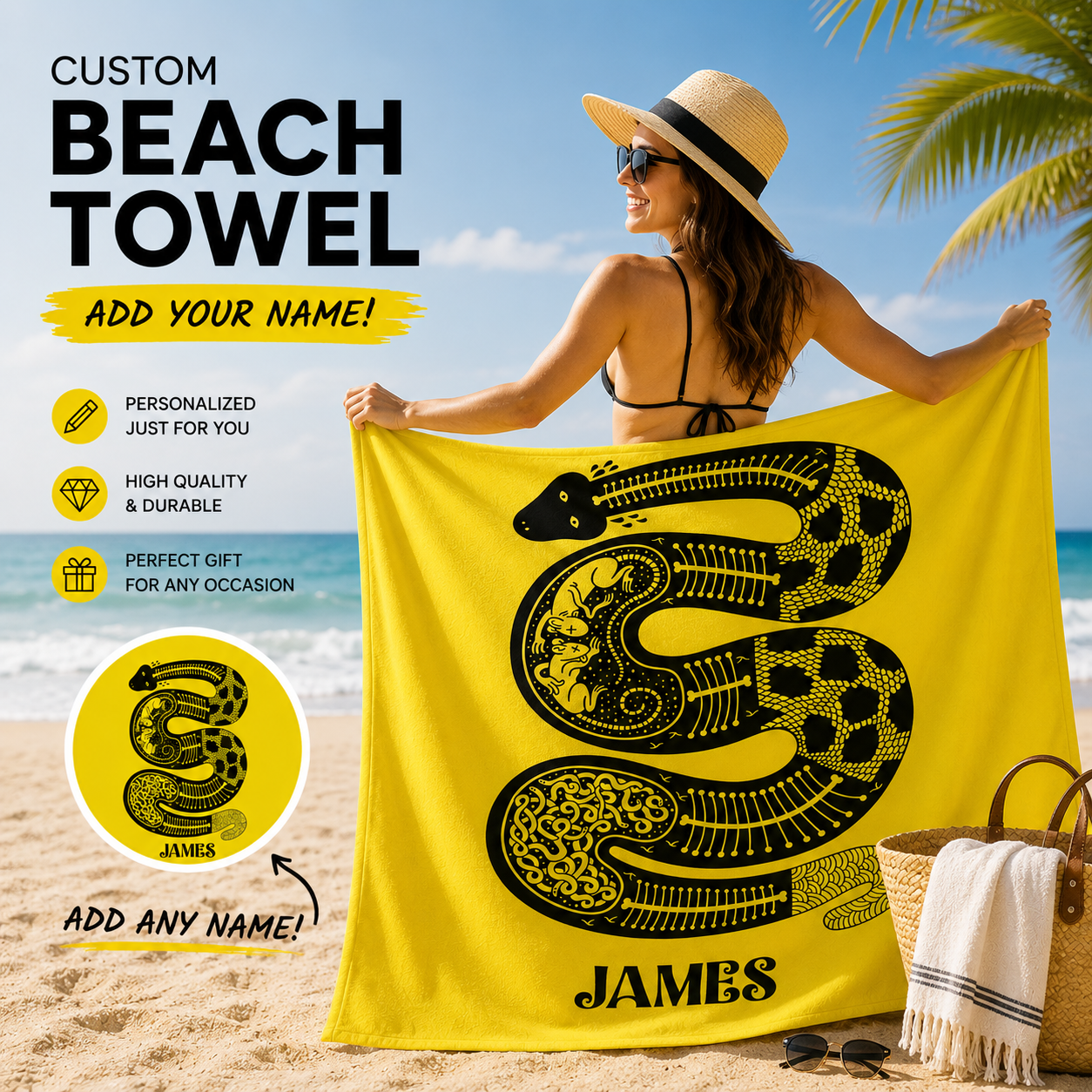 Tribal Skeletal Snake Black & Yellow Folk Art Towel