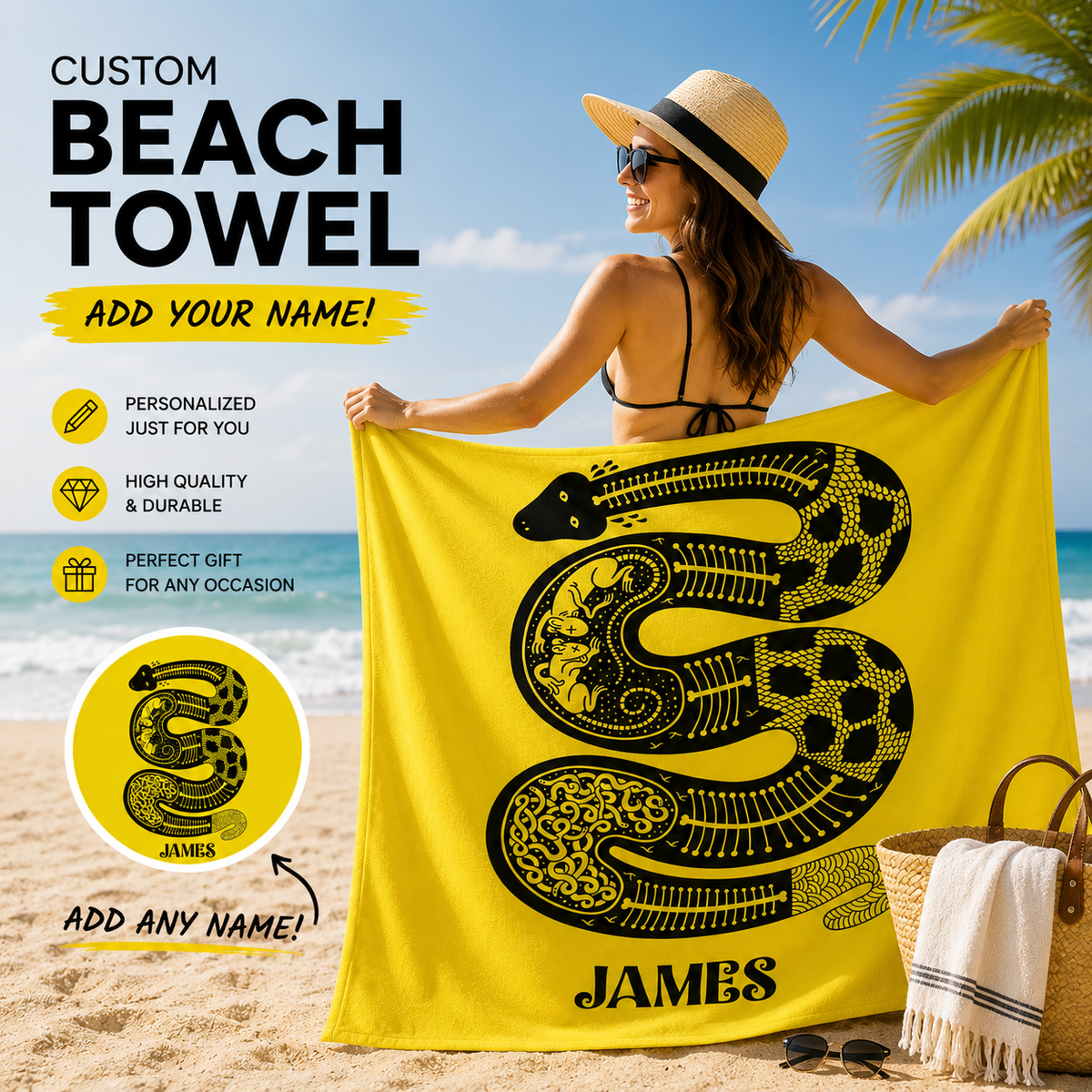Tribal Skeletal Snake Black & Yellow Folk Art Towel