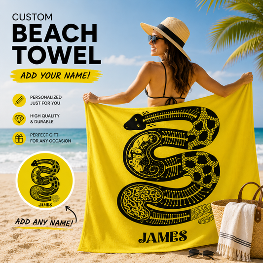 Tribal Skeletal Snake Black & Yellow Folk Art Towel