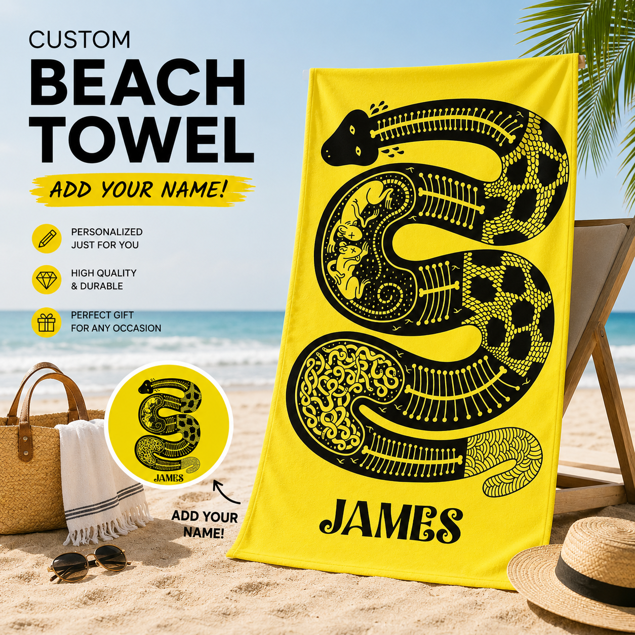 Tribal Skeletal Snake Black & Yellow Folk Art Towel