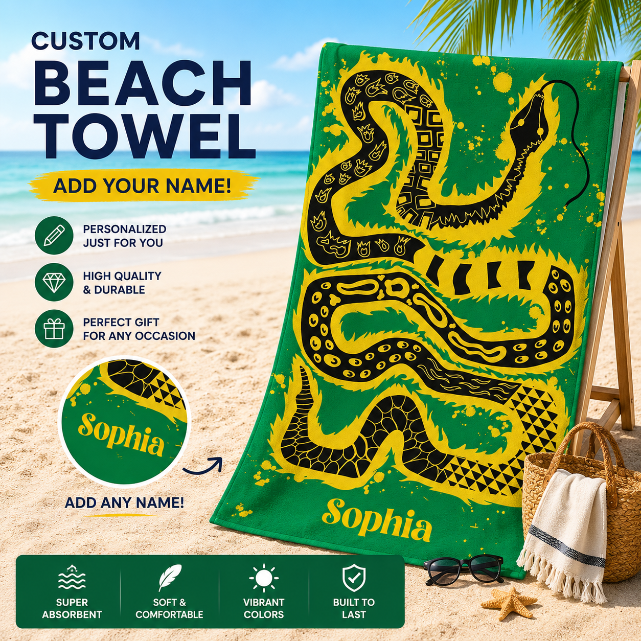 Tribal Pattern Snake Green & Yellow Grunge Art Towel