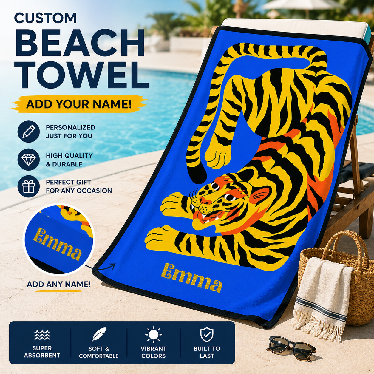 Bold Pop Art Tiger on Blue Background Beach Towel