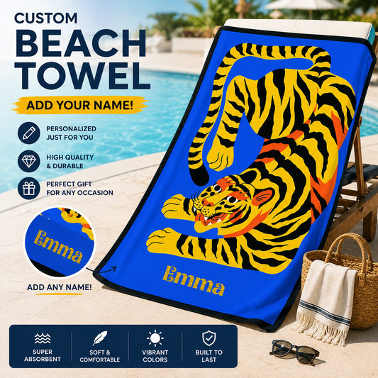 Bold Pop Art Tiger on Blue Background Beach Towel