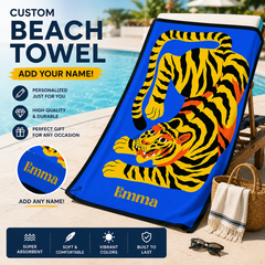 Bold Pop Art Tiger on Blue Background Beach Towel