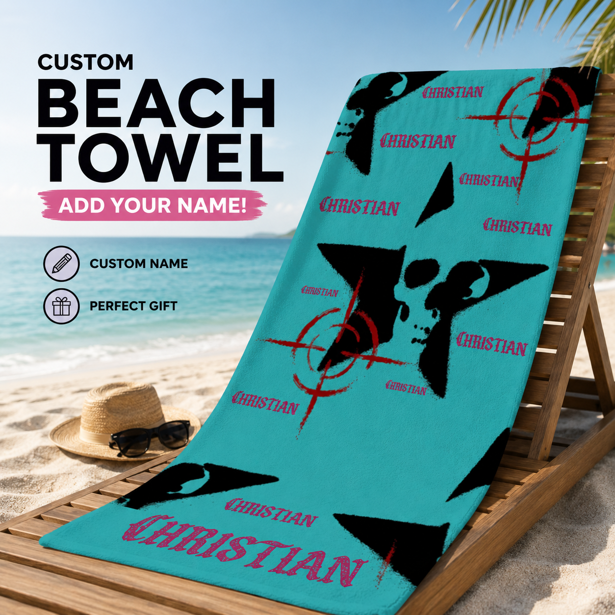 Turquoise Teal Skull & Target Grunge Pattern Beach Towel
