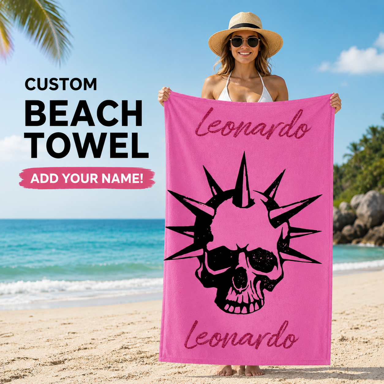 Punk Spiked Skull Black & White Doodle Art Towel