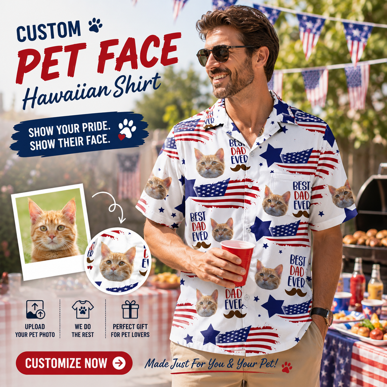 Best Dad Ever American Flag Star Mustache Hawaiian Shirt