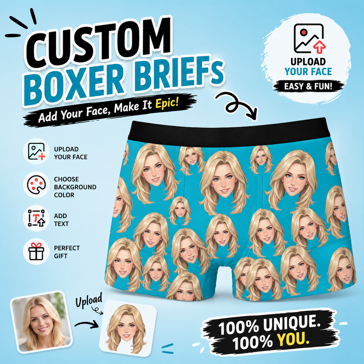 Custom Property of My Family Face Boxer Briefs – Personalized Funny All-Over Print Photo Underwear – Hilarious DIY Gag Gift for Men
