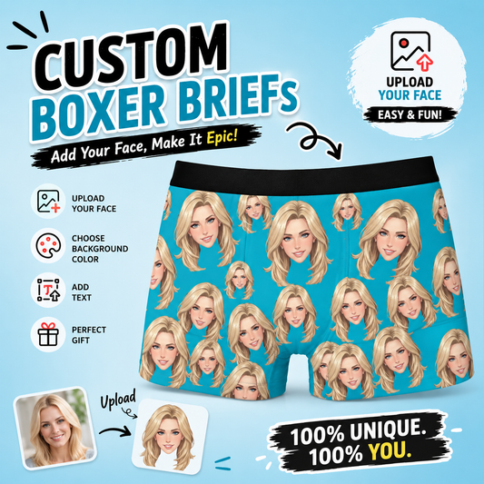 Custom Property of My Family Face Boxer Briefs – Personalized Funny All-Over Print Photo Underwear – Hilarious DIY Gag Gift for Men
