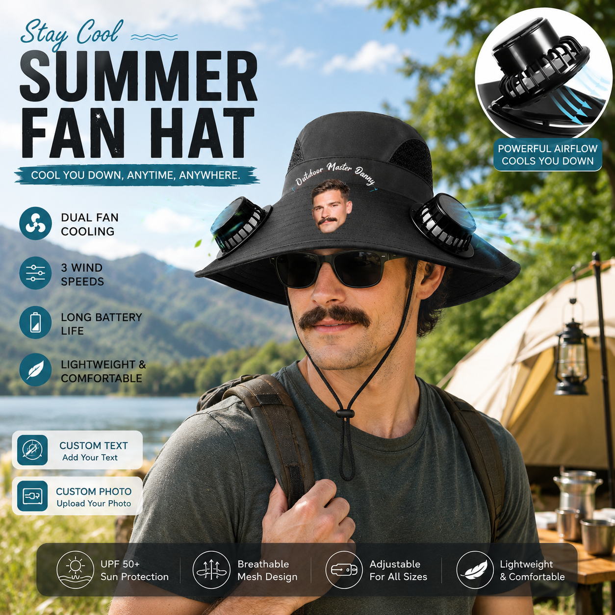 Men/Women Wide Brim Sun Hat with Solar Cooling Fans, UPF50+ UV Protection for Fishing, Hiking, Gardening