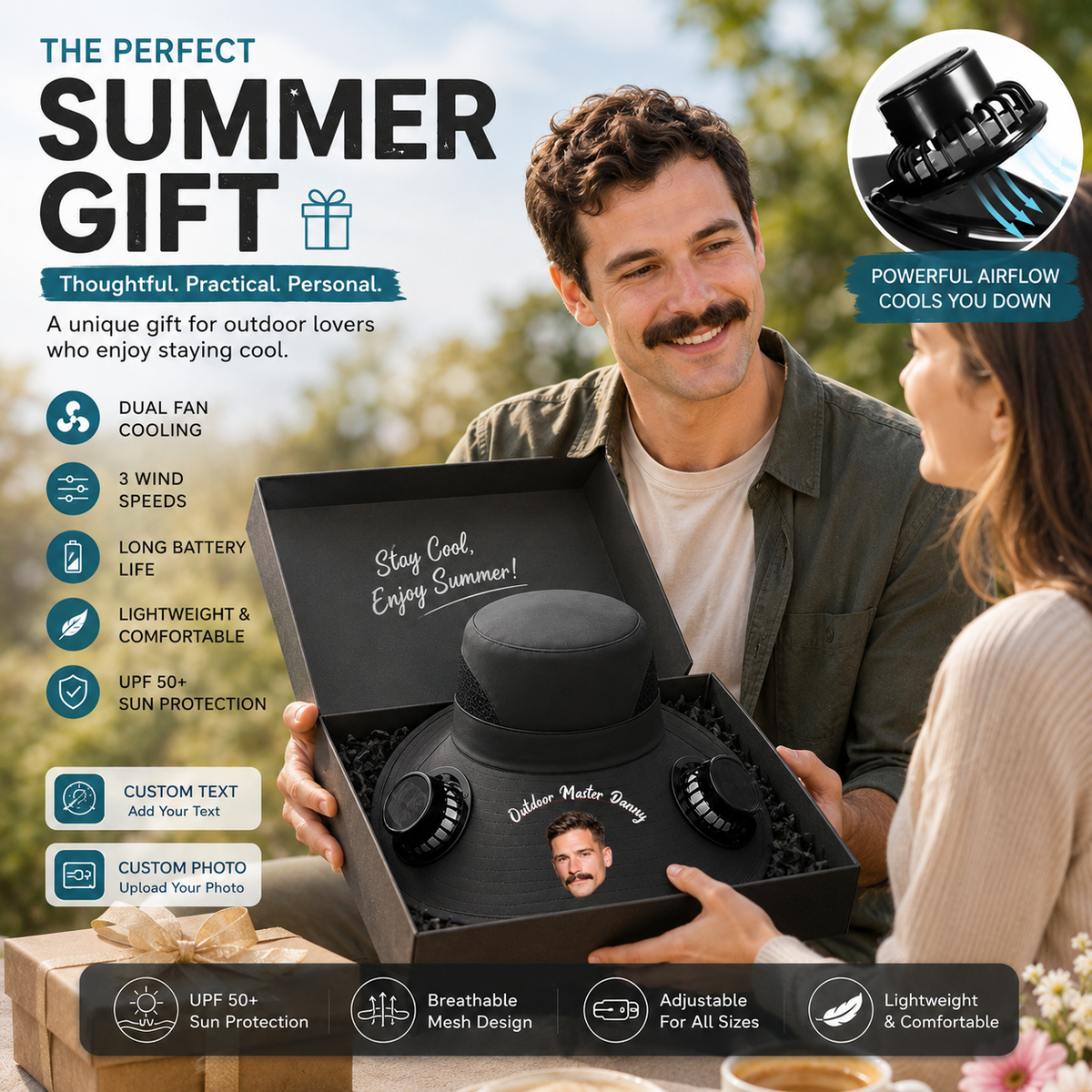 Men/Women Wide Brim Sun Hat with Solar Cooling Fans, UPF50+ UV Protection for Fishing, Hiking, Gardening