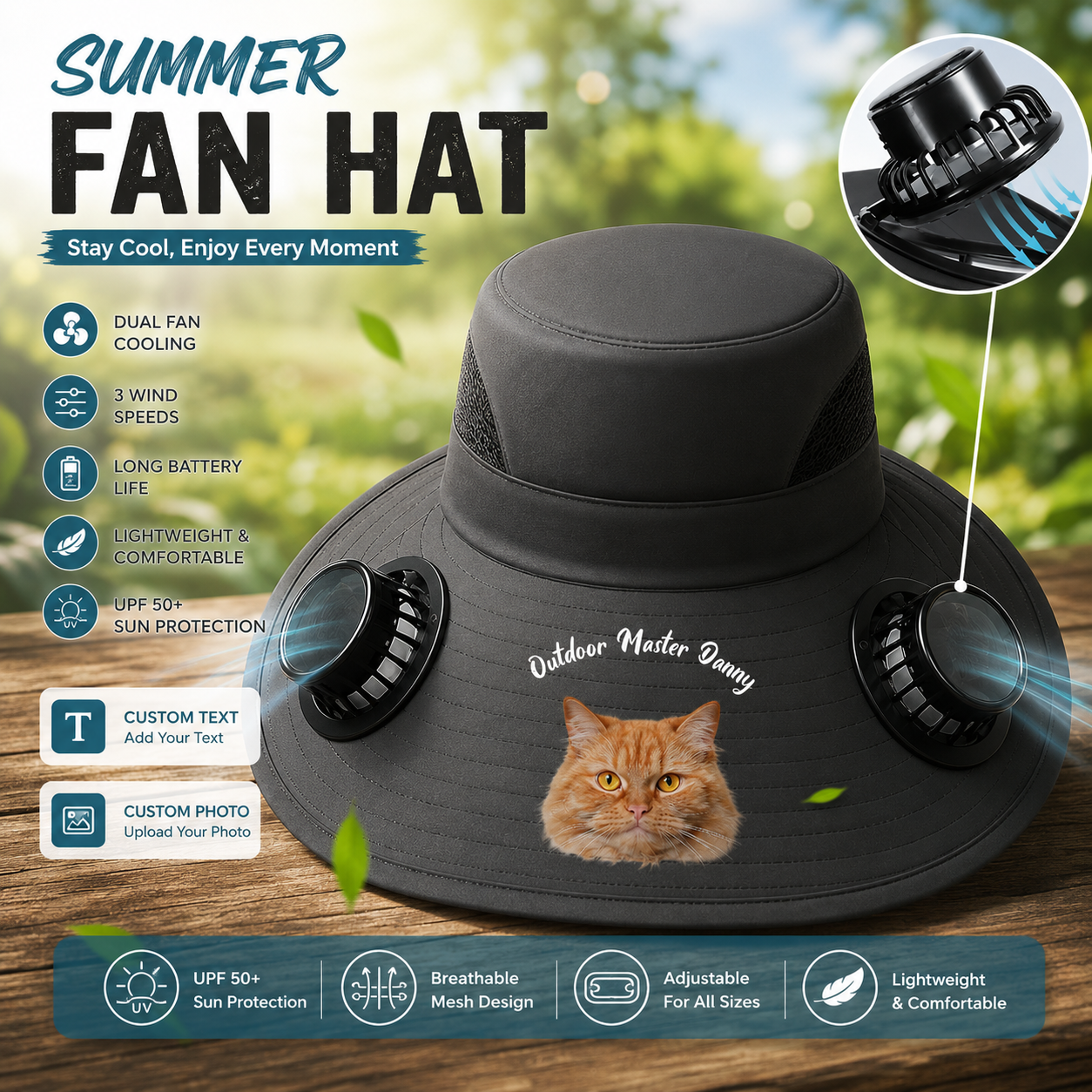 Custom Print Solar Fan Sun Hat, Personalized Wide Brim Cooling Hat for Men & Women