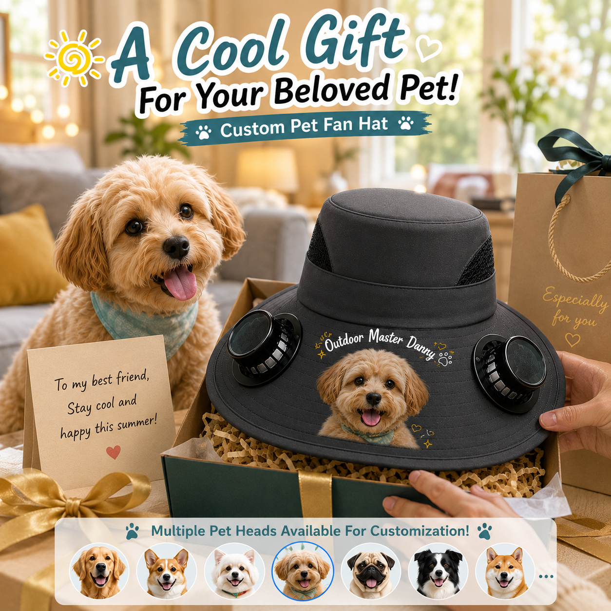 Custom Print Solar Fan Sun Hat, Personalized Wide Brim Cooling Hat for Men & Women