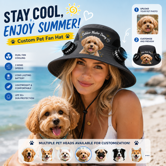 Custom Print Solar Fan Sun Hat, Personalized Wide Brim Cooling Hat for Men & Women