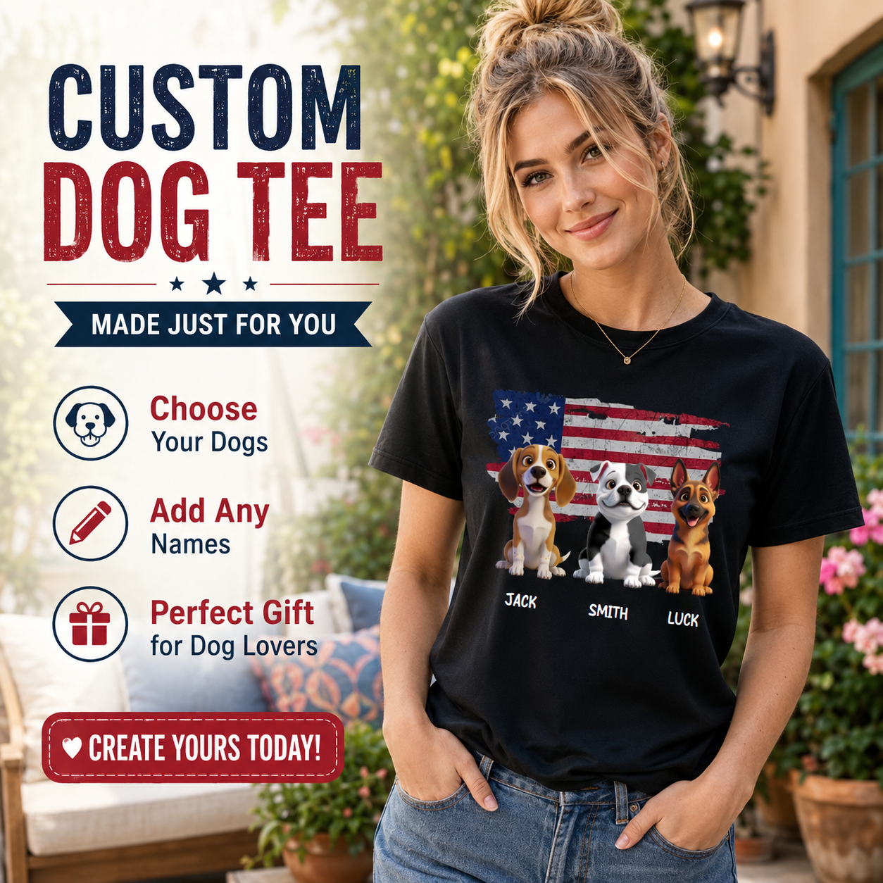 Personalized Multi-Dog American Flag Shirt – Custom Pet Name Cartoon T-Shirt