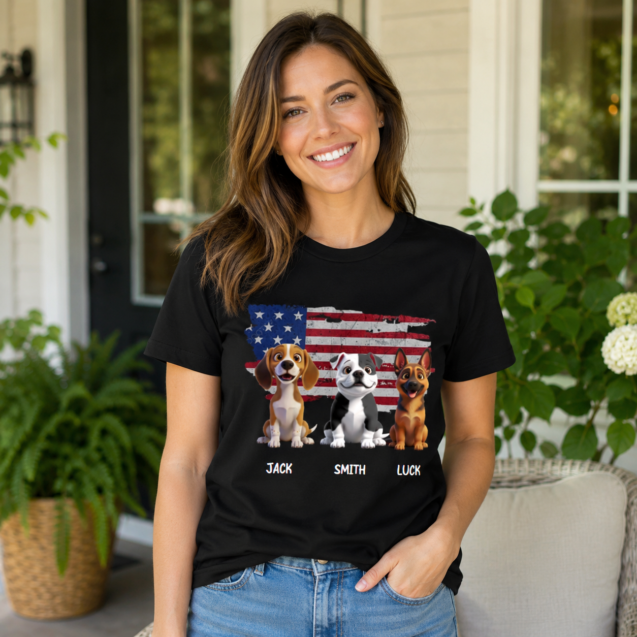 Personalized Multi-Dog American Flag Shirt – Custom Pet Name Cartoon T-Shirt