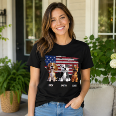 Personalized Multi-Dog American Flag Shirt – Custom Pet Name Cartoon T-Shirt