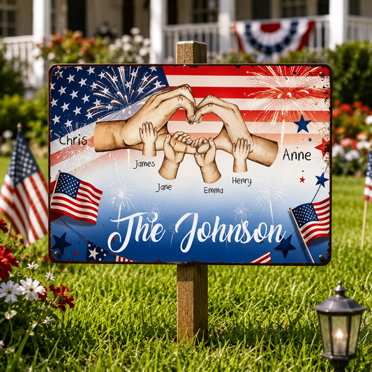 Custom Patriotic Family Hands Heart Personalized Vintage Metal Wall Sign