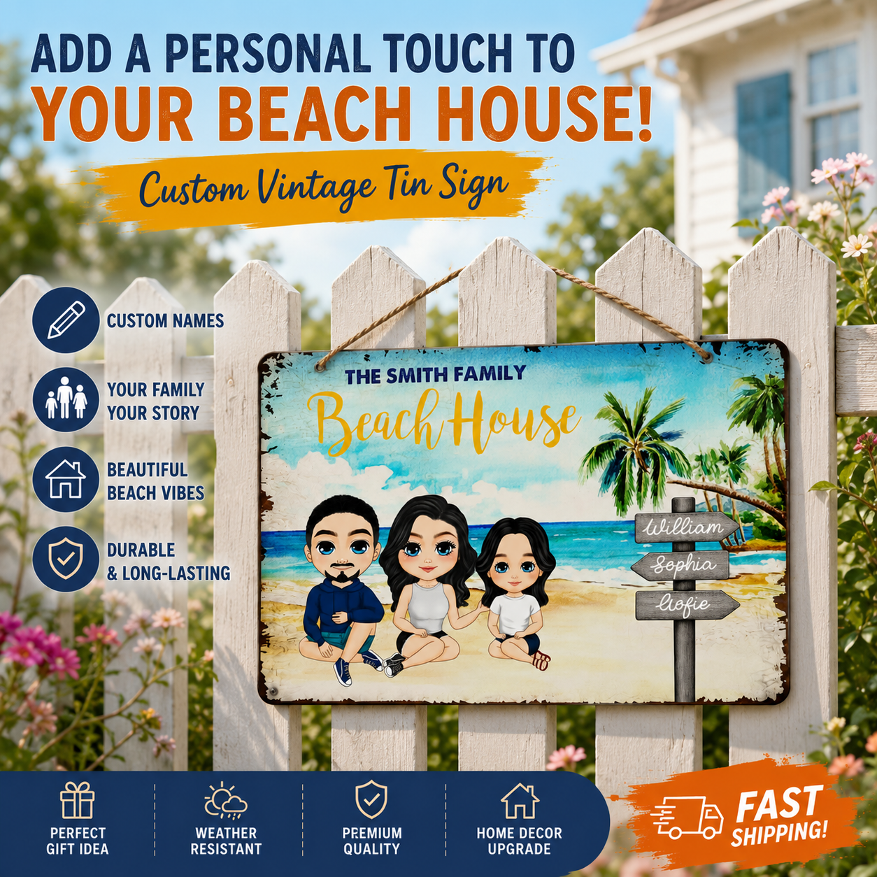 Personalized Family Beach House Custom Vintage Tin Sign