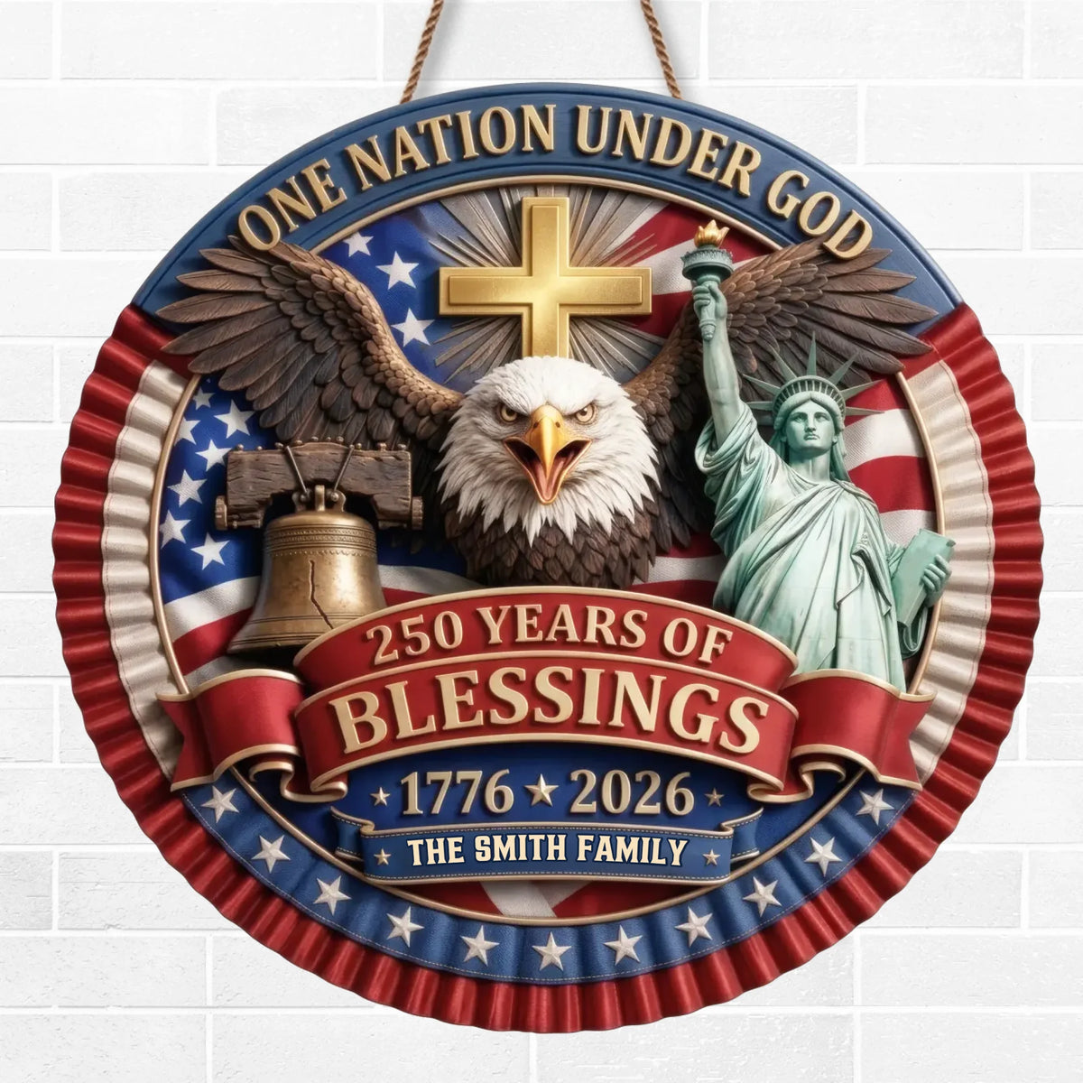 Custom Wood Sign - Personalized America 250th Anniversary Gifts For Mom, Dad, Brother, Sister, Kids - One Nation Under God