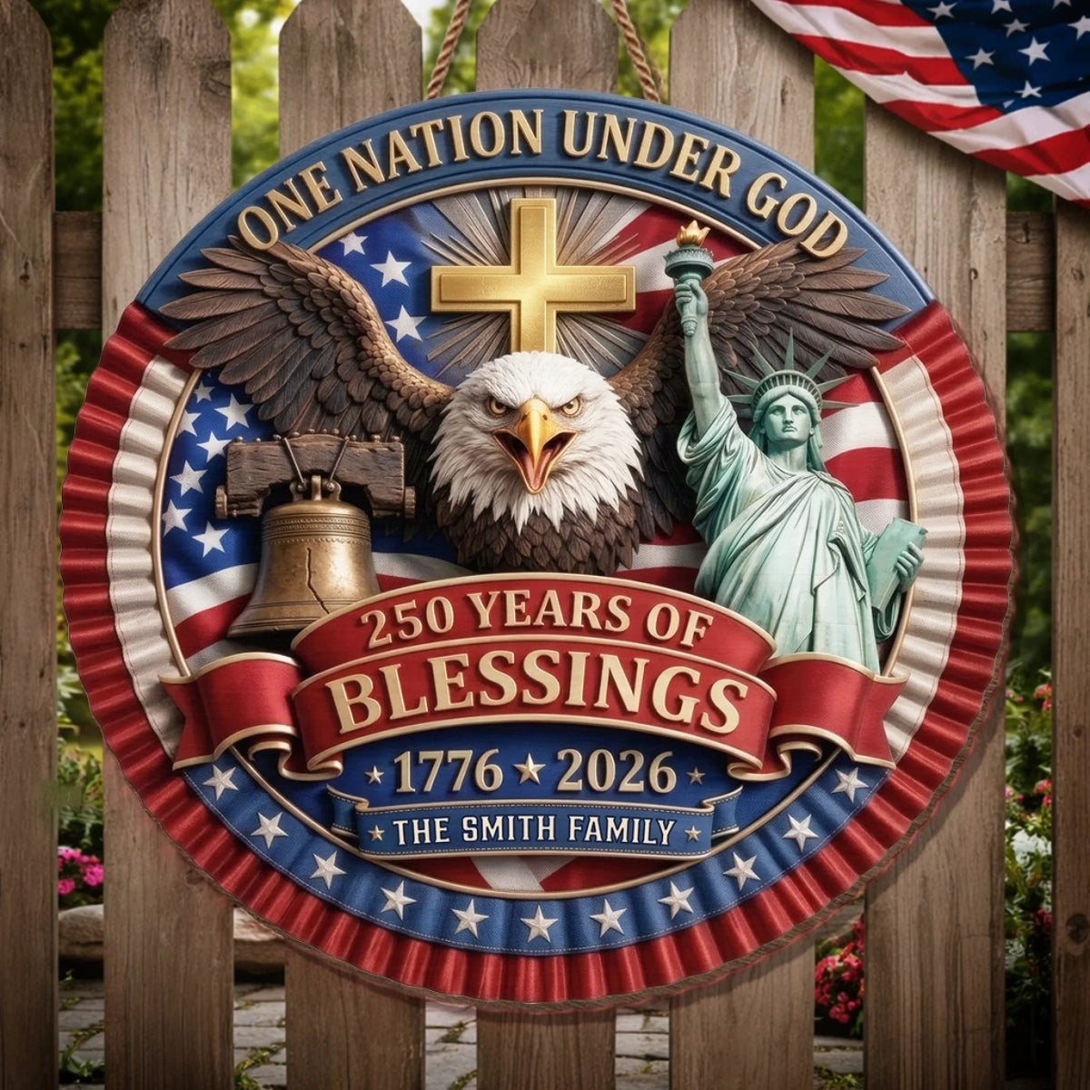 Custom Wood Sign - Personalized America 250th Anniversary Gifts For Mom, Dad, Brother, Sister, Kids - One Nation Under God